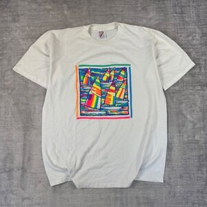 Sailboat Shirt Mens Large White Vintage 80s Neon Art Sailing Single Stitch